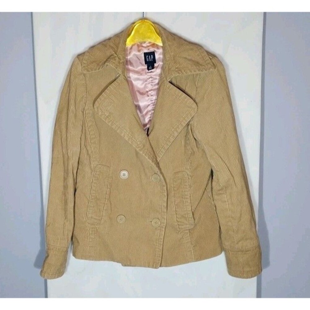 Vintage GAP Corduroy Pea Coat Blazer Tan Double Breasted Pink Lined Womens M Y2K